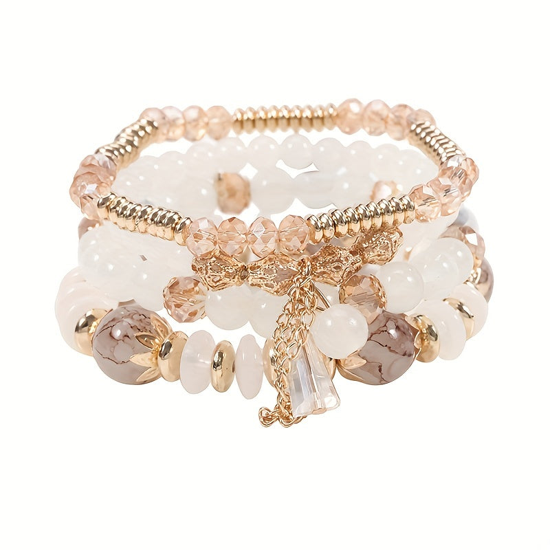 4pcs Chic Boho-Inspired Bracelet Set - Colorful Faux Agate & Glass Crystal, Chain Tassel Detail - Perfect Gift for Fashion Enthusiasts