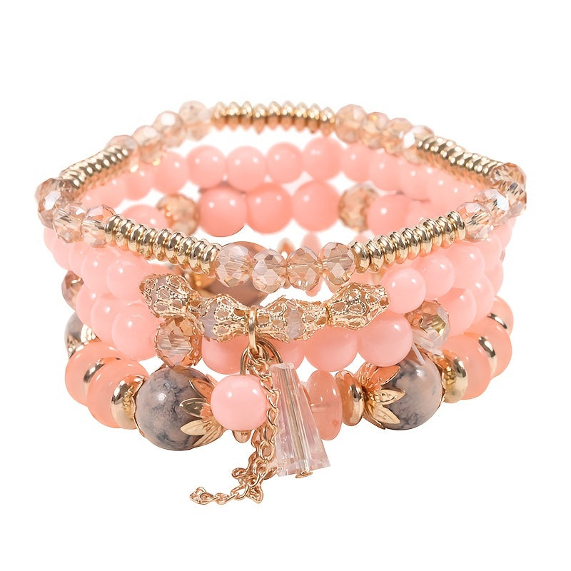4pcs Chic Boho-Inspired Bracelet Set - Colorful Faux Agate & Glass Crystal, Chain Tassel Detail - Perfect Gift for Fashion Enthusiasts