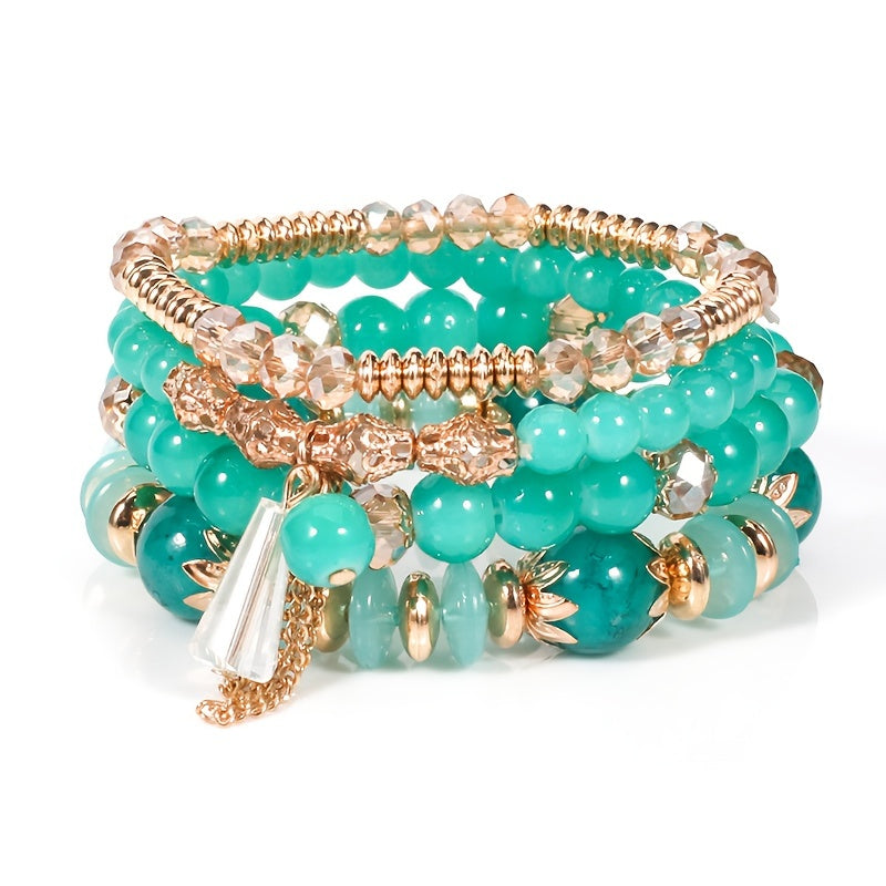 4pcs Chic Boho-Inspired Bracelet Set - Colorful Faux Agate & Glass Crystal, Chain Tassel Detail - Perfect Gift for Fashion Enthusiasts