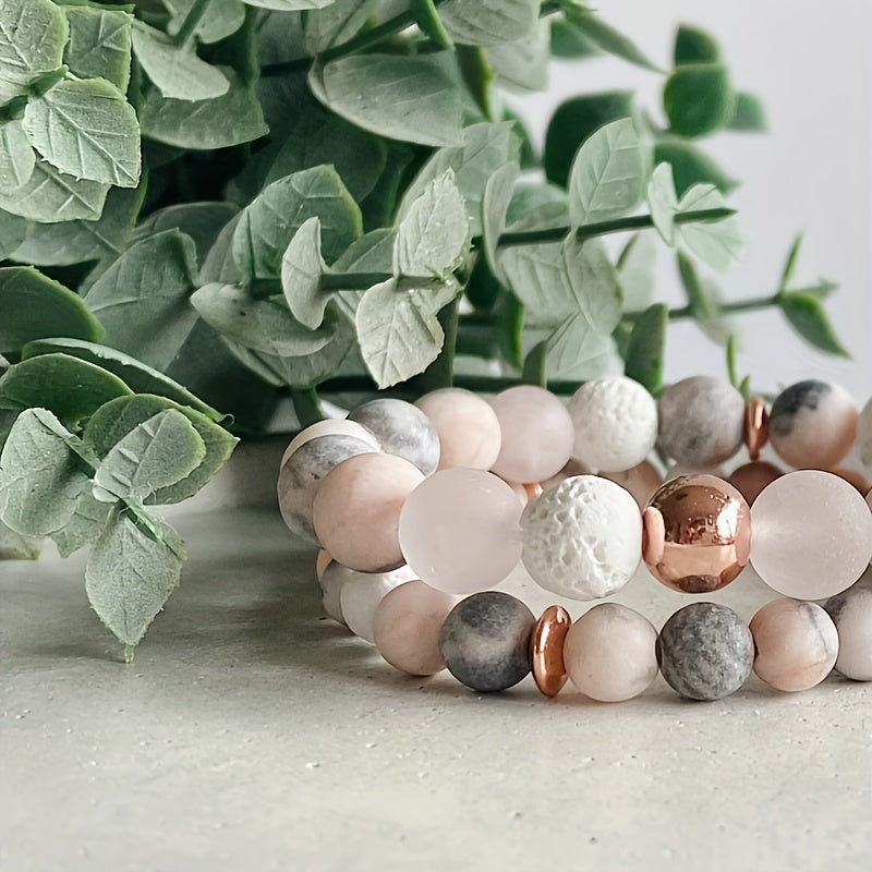 1pc Charm Jasper And Rose Gemstone Beaded Bracelet, Rose Quartz Crystal Jewelry Bracelets For Men Women Essential Oil Diffuser Bracelet