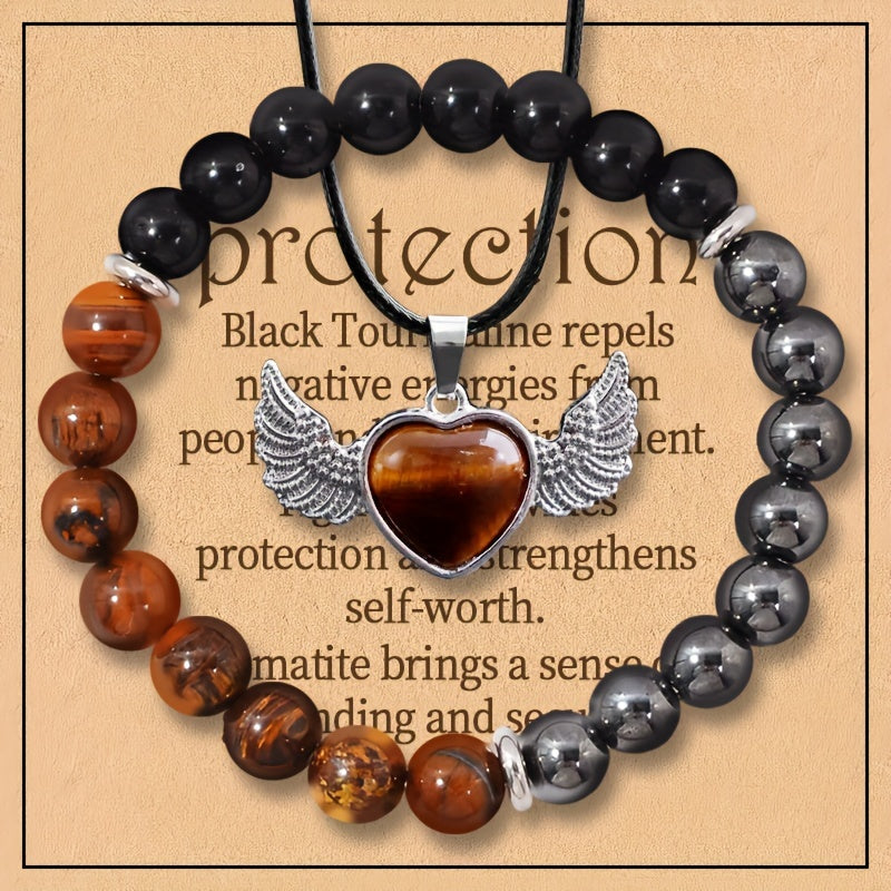 2-Piece Women's Vintage Luxury Jewelry Set - Natural Stone Protection Necklace with Black Tourmaline, Tiger Eye, and Obsidian - Energy Cleansing, Focus Enhancing, Suitable for Daily Wear and Gift-Giving