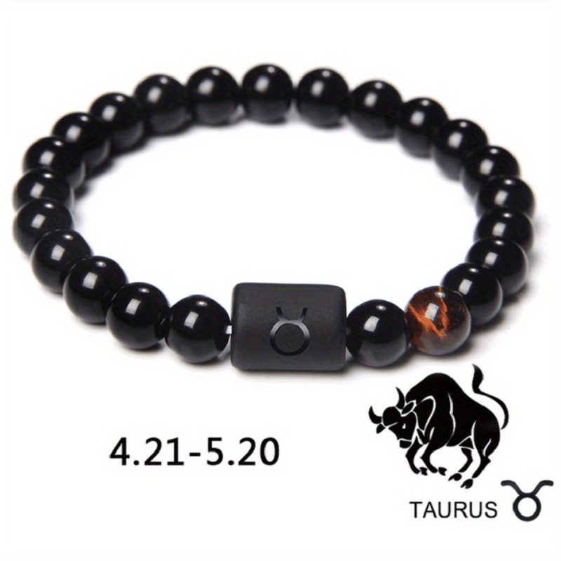 1pc Unisex 12 Constellation Signs Beads Bracelet, Black Stone Elastic Bracelet, Couples Bracelet, Charm Bracelet For Women Men Birthday Gift, Leo, Taurus, Capricorn, Libra Bracelet