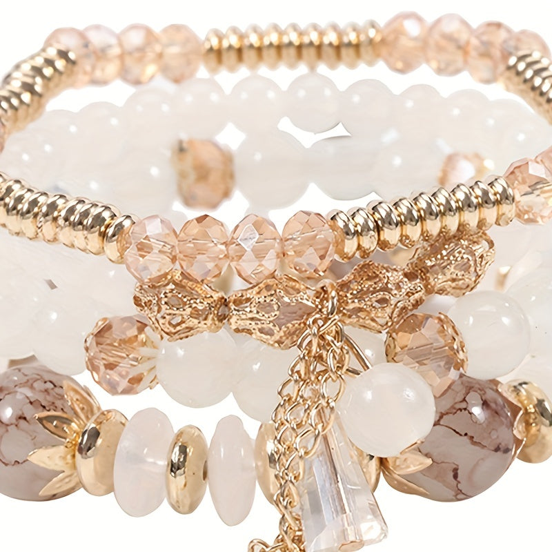 4pcs Chic Boho-Inspired Bracelet Set - Colorful Faux Agate & Glass Crystal, Chain Tassel Detail - Perfect Gift for Fashion Enthusiasts
