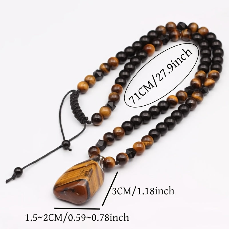 Men's 8mm Tiger Eye Stone Pendant Necklace - Adjustable Black Agate Beaded Long Chain, Unique Christmas Gift Idea