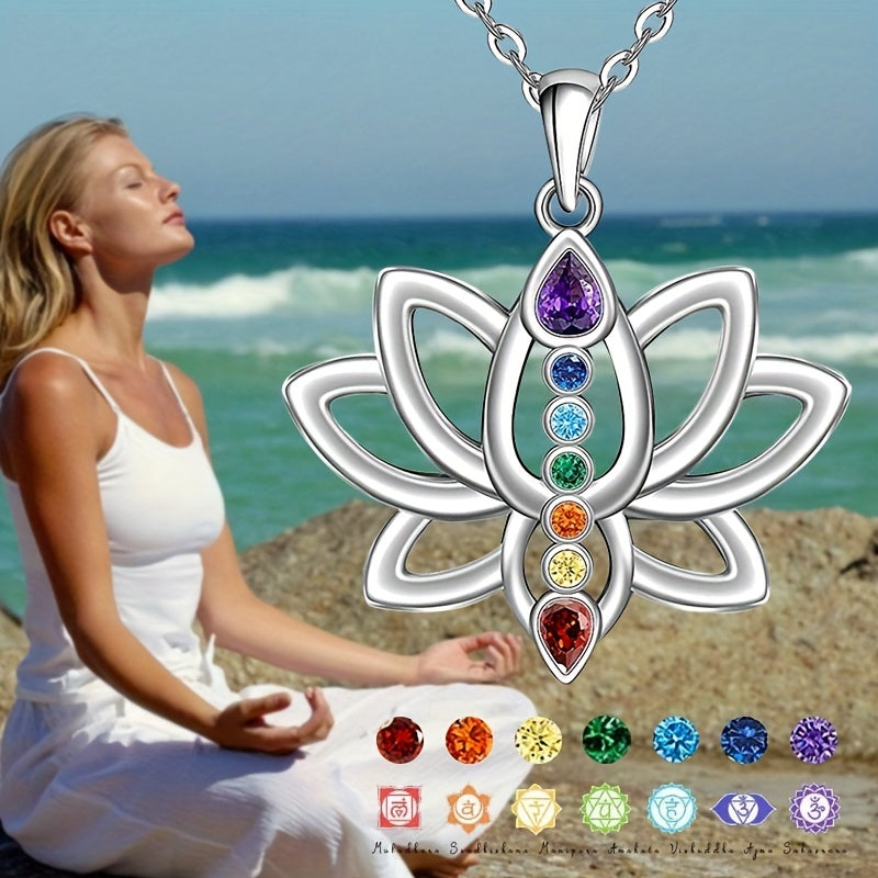 Elegant 7 Chakra Necklace Lotus Pendant Yoga Chakra Healing Stone Bar Necklace Female Balance Banquet Jewelry Couples Holiday Party Anniversary Gift