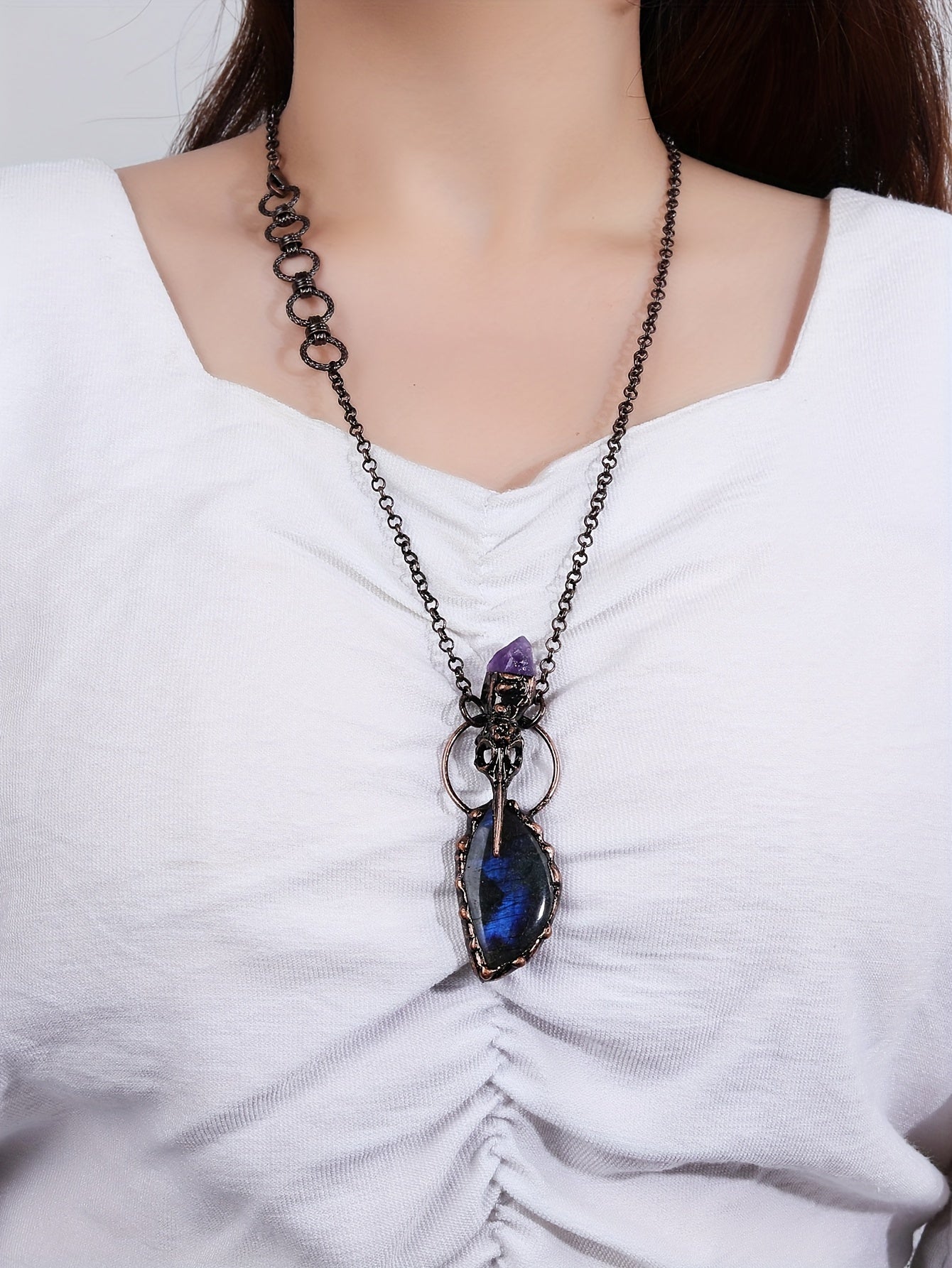 Natural Labradorite & Crow's Head Amethyst Raw Stone Pendant Necklace For Ladies Party Gifts