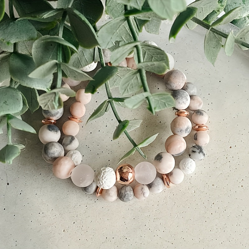 1pc Charm Jasper And Rose Gemstone Beaded Bracelet, Rose Quartz Crystal Jewelry Bracelets For Men Women Essential Oil Diffuser Bracelet