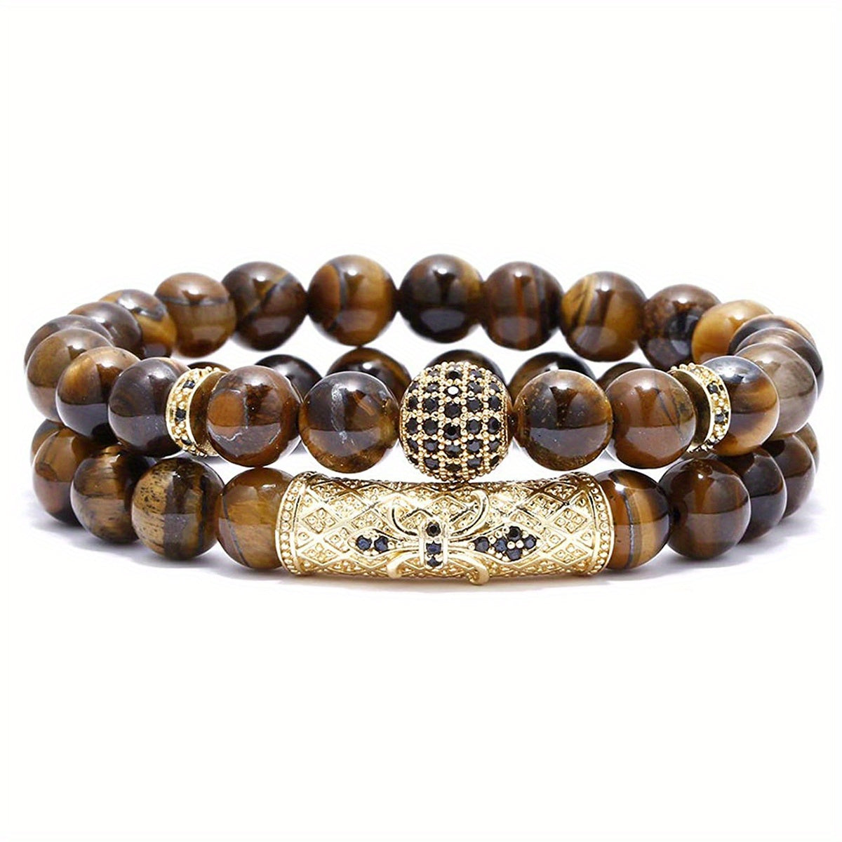 2pcs/set Trendy 8mm Tiger Eye Stone Round Beads Elastic Yoga Bracelet For Men, Holiday Birthday Gift For Boyfriends, Father's Day Gift