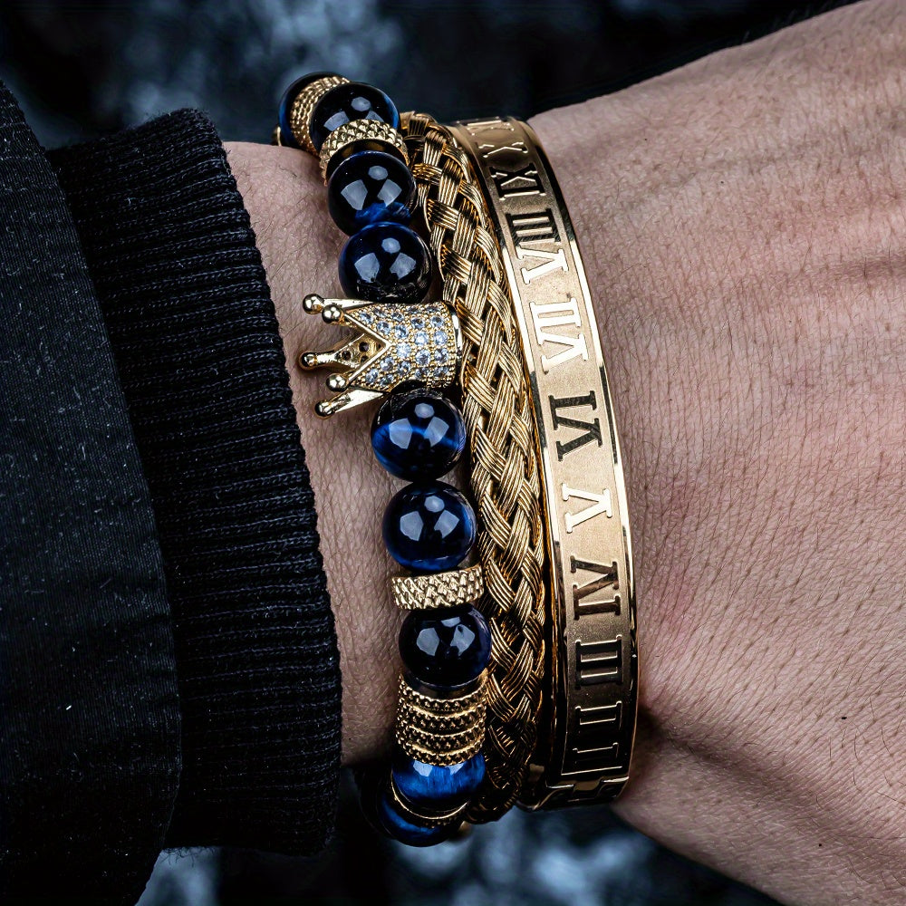 3pcs Roman Royal Crown Charm Men Bracelet, Stainless Steel Tiger's Eye Stone Geometry Open Adjustable Bracelets Couple Jewelry