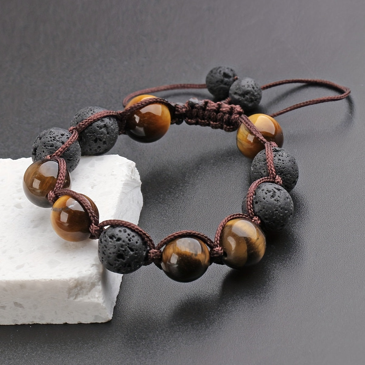 1pc 12MM Tiger Eye Volcanic Stone Adjustable Beaded Bracelet