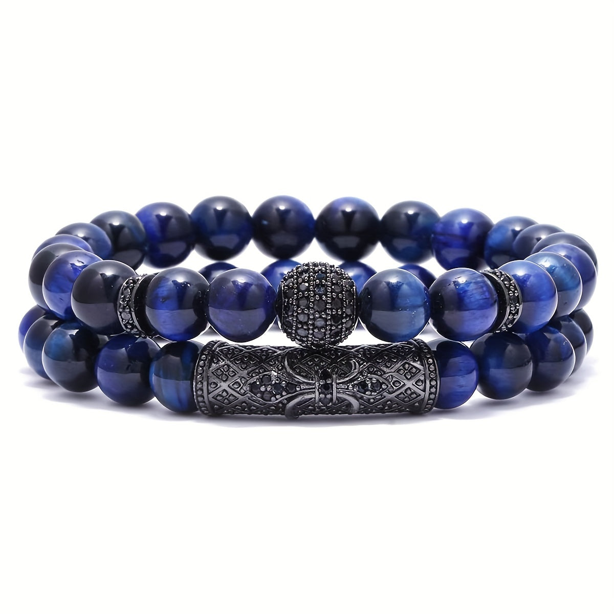 2pcs/set Trendy 8mm Tiger Eye Stone Round Beads Elastic Yoga Bracelet For Men, Holiday Birthday Gift For Boyfriends, Father's Day Gift