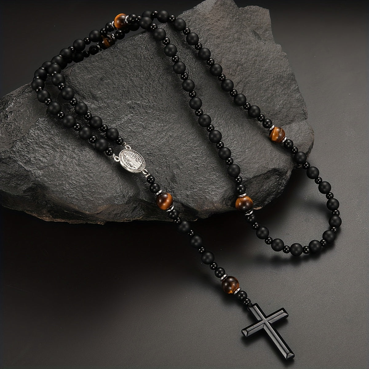 1pc Natural Volcanic Rock Black Agate & Tiger Eye Tag Cross Pendant Rosary Necklace for Men & Women