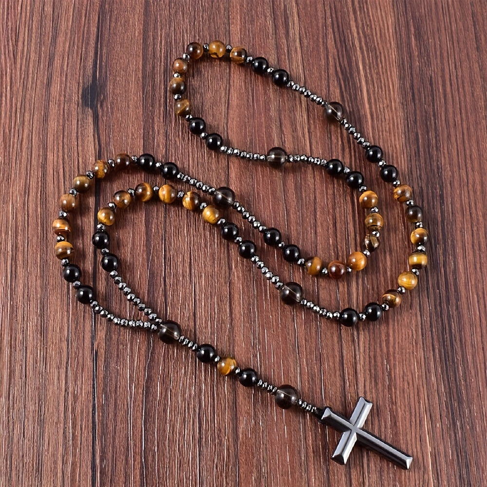 1pc Natural Tiger Eye Round Bead Long Chain Necklace with Hematite Cross Rosary Beads, Men's Jewelry for Spiritual Style