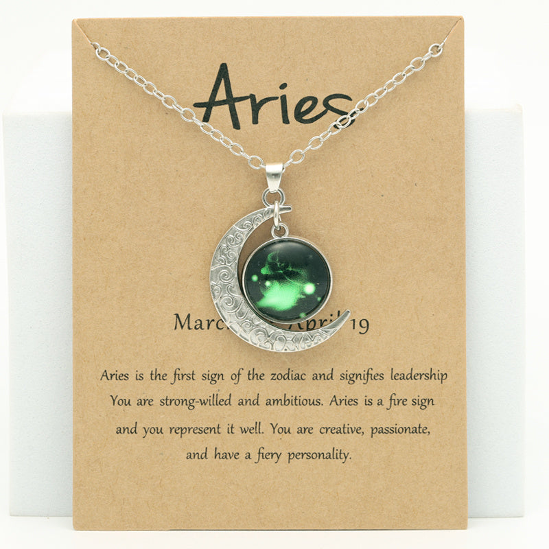 Cross-border New Luminous 12 Zodiac Necklace Retro Moon Pendant Card Short Necklace, father's day gift