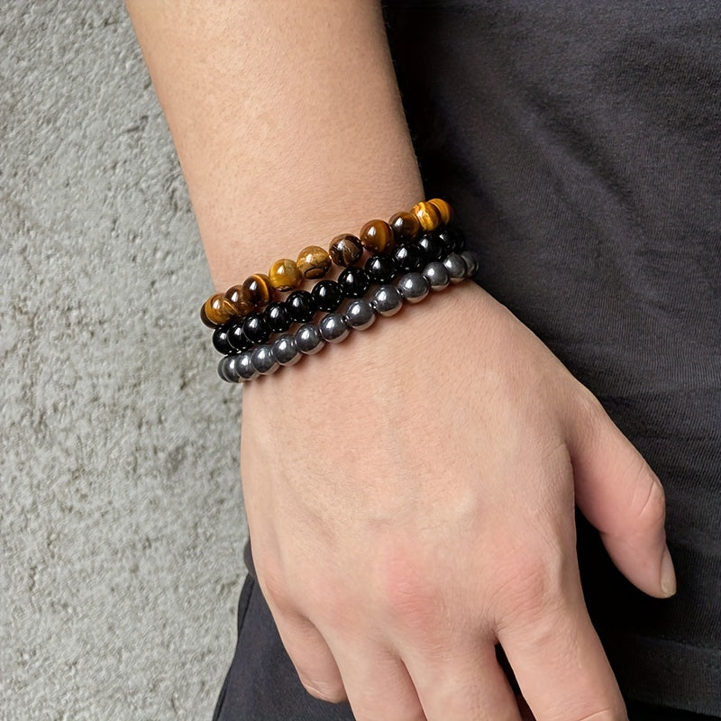 3pcs 8mm Natural Stone Beads Men's & Women's Bracelet: Rose Quartz & Agate Combination