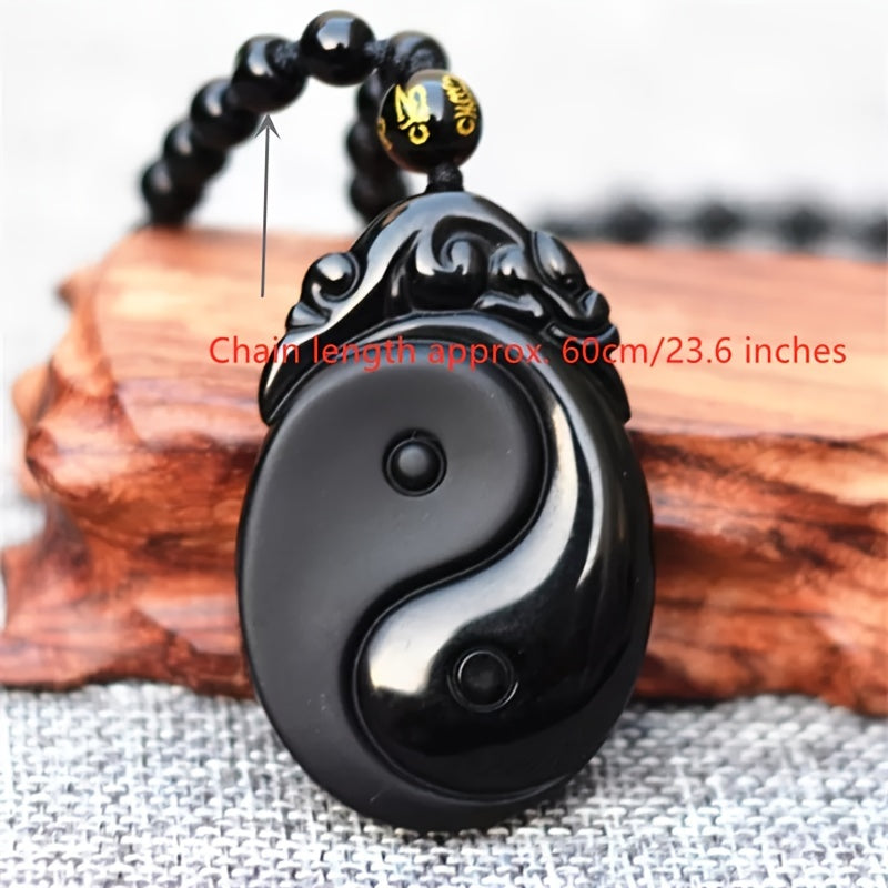 Natural Black Obsidian Carved Yin And Yang Bagua Necklace Pendant Fishes Pendant Necklace Jewelry