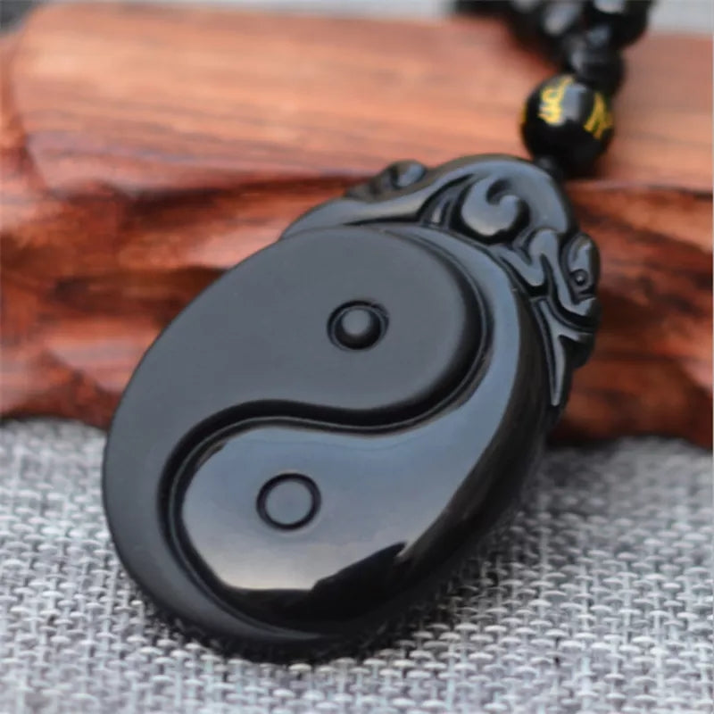 Natural Black Obsidian Carved Yin And Yang Bagua Necklace Pendant Fishes Pendant Necklace Jewelry