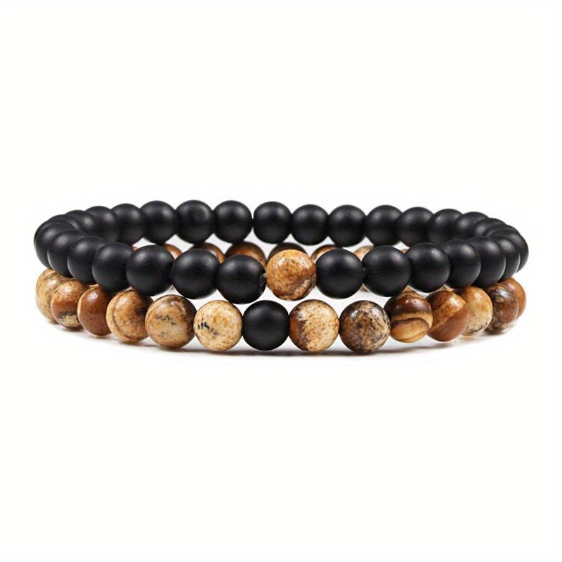 2pcs/set Men & Women's 2-Piece 8mm Stone Beaded Bracelet Set