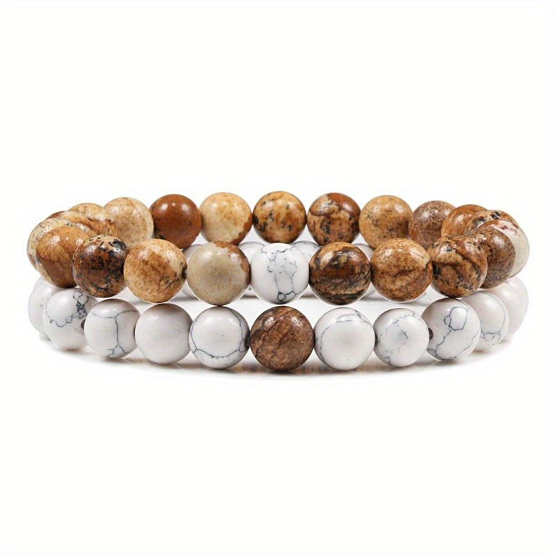 2pcs/set Men & Women's 2-Piece 8mm Stone Beaded Bracelet Set