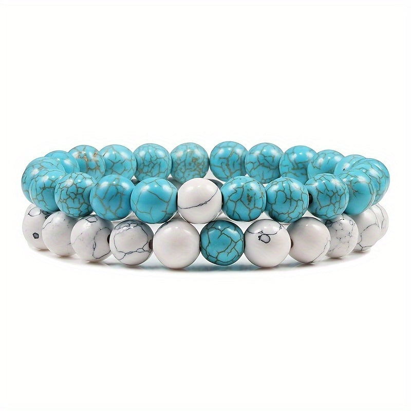 2pcs/set Men & Women's 2-Piece 8mm Stone Beaded Bracelet Set