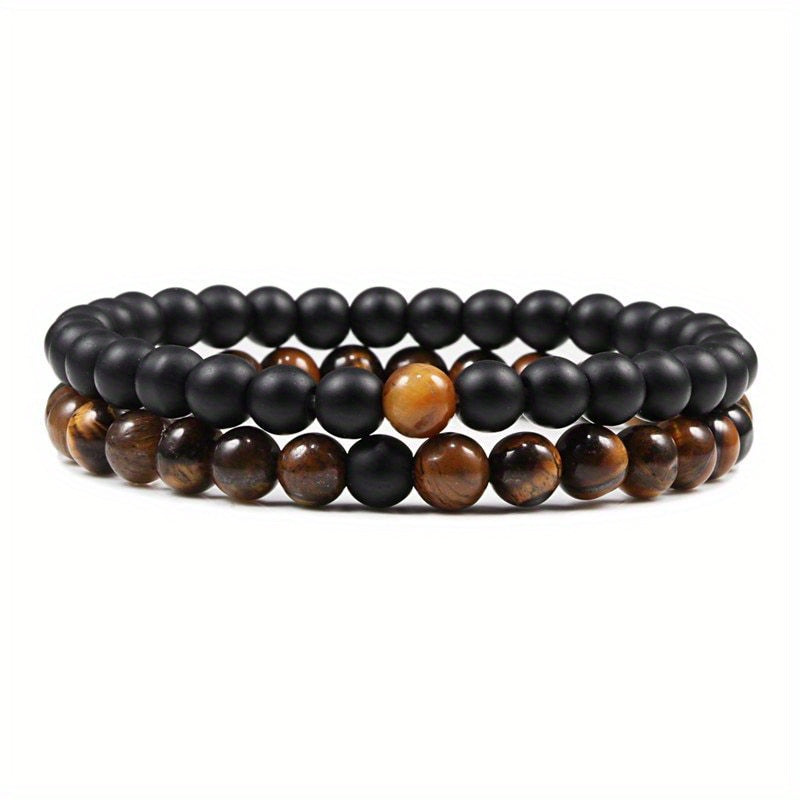 2pcs/set Men & Women's 2-Piece 8mm Stone Beaded Bracelet Set
