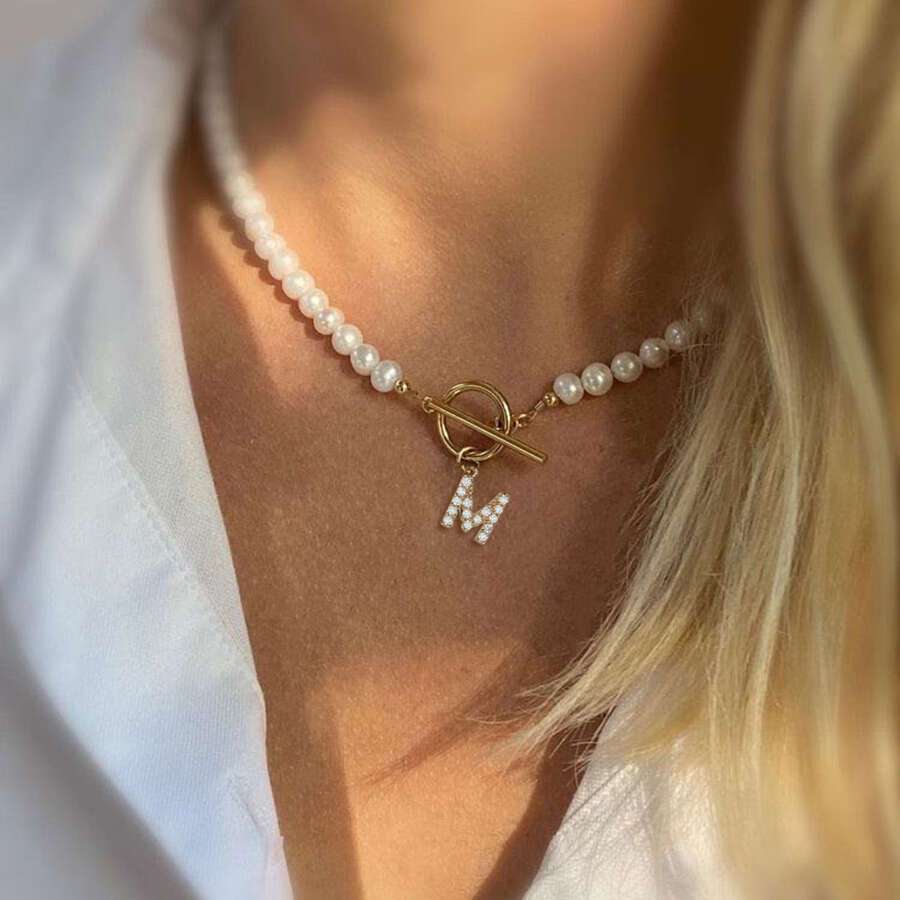 Exquisite Initial Letter Pendant Necklace - Pearl Strands with Zirconia Accents, Toggle Clasp, Shell Pearls, and Dainty Chain - Perfect Party Favors for Women