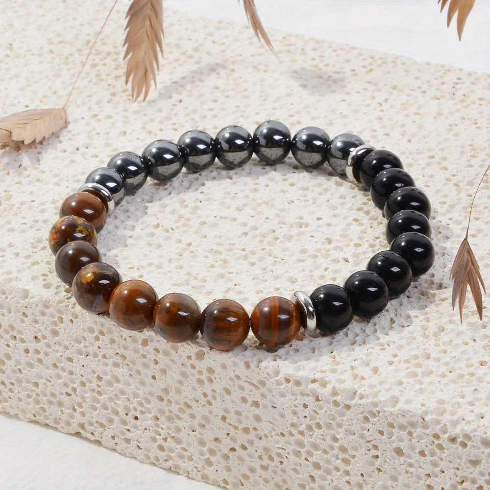 2-Piece Women's Vintage Luxury Jewelry Set - Natural Stone Protection Necklace with Black Tourmaline, Tiger Eye, and Obsidian - Energy Cleansing, Focus Enhancing, Suitable for Daily Wear and Gift-Giving