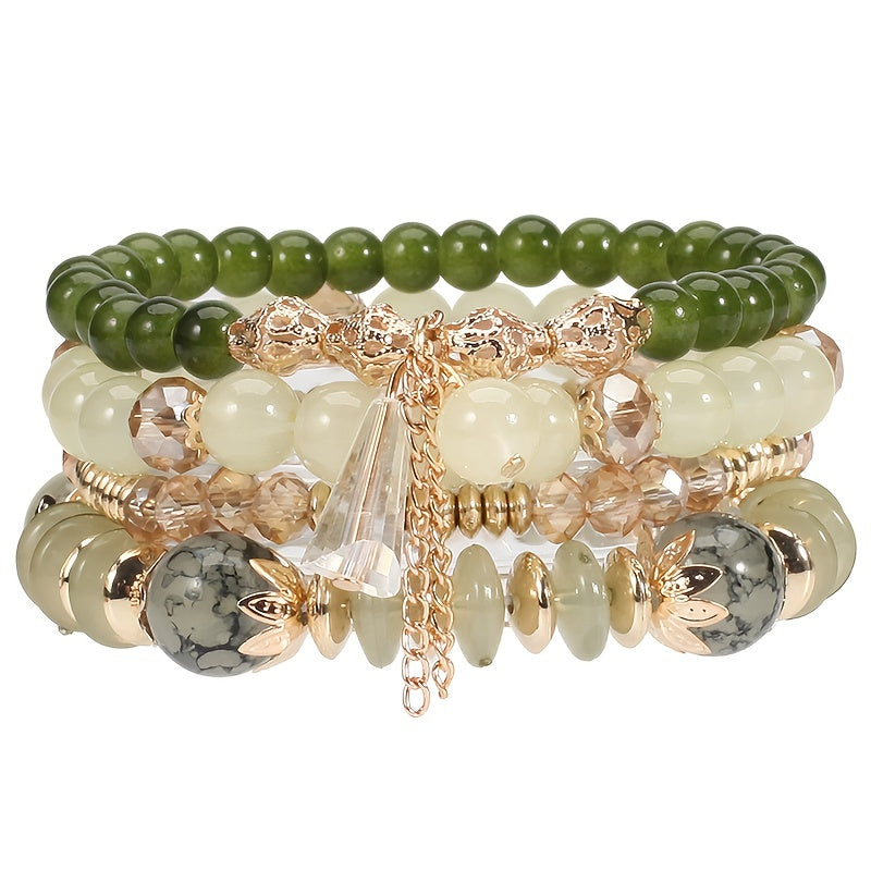 4pcs Chic Boho-Inspired Bracelet Set - Colorful Faux Agate & Glass Crystal, Chain Tassel Detail - Perfect Gift for Fashion Enthusiasts