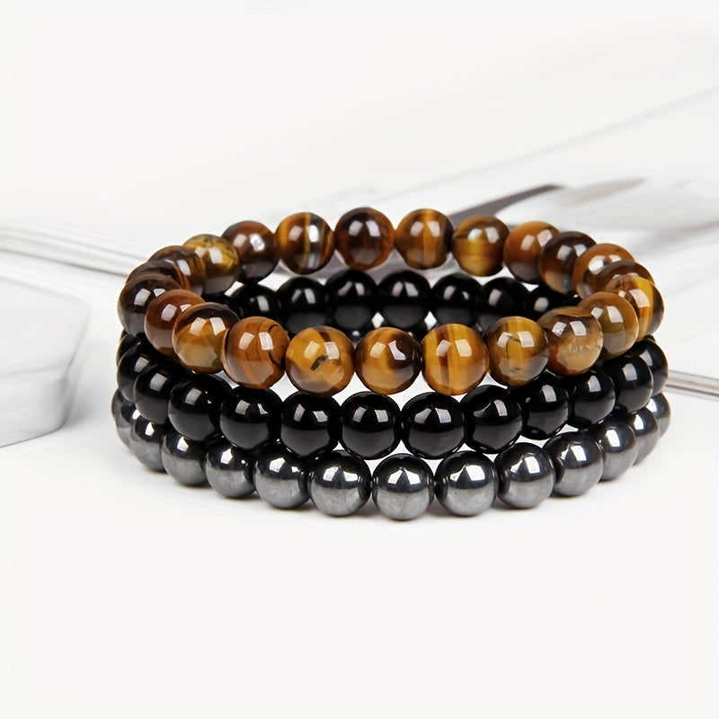 3pcs 8mm Natural Stone Beads Men's & Women's Bracelet: Rose Quartz & Agate Combination