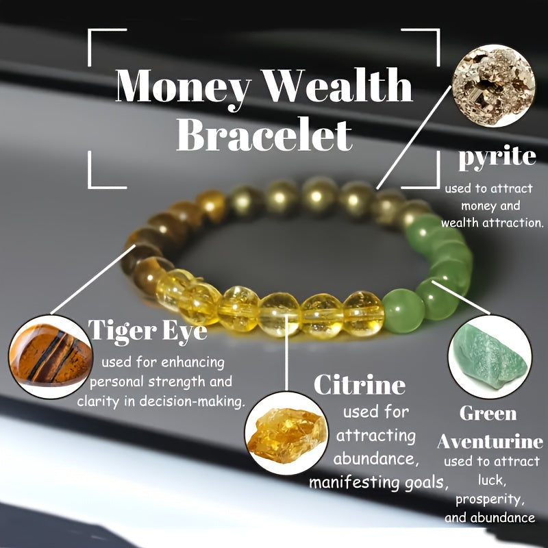 Wealth bracelet handmade by artisans, 8mm natural tiger eye stone, green aventurine, pyrite, citrine bracelet for women and men fashion jewelry accessories gift for friends encouragement