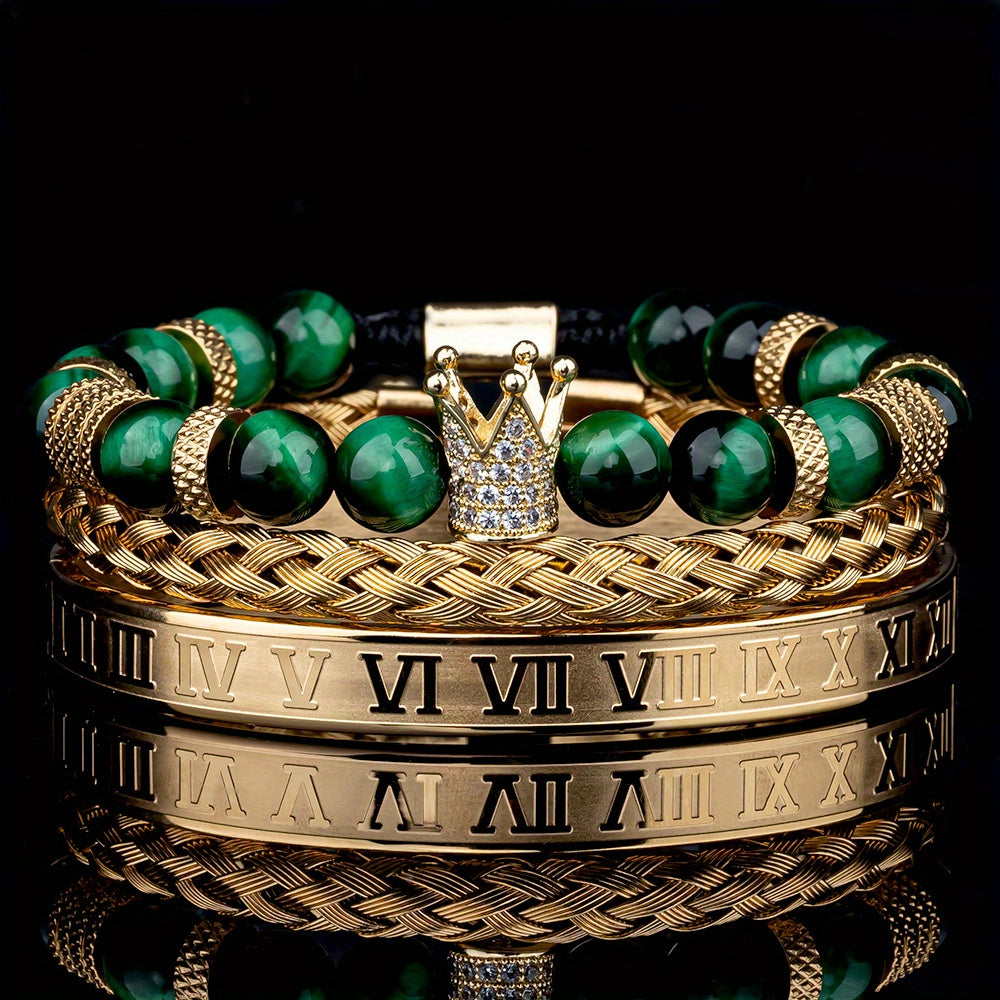 3pcs Roman Royal Crown Charm Men Bracelet, Stainless Steel Tiger's Eye Stone Geometry Open Adjustable Bracelets Couple Jewelry