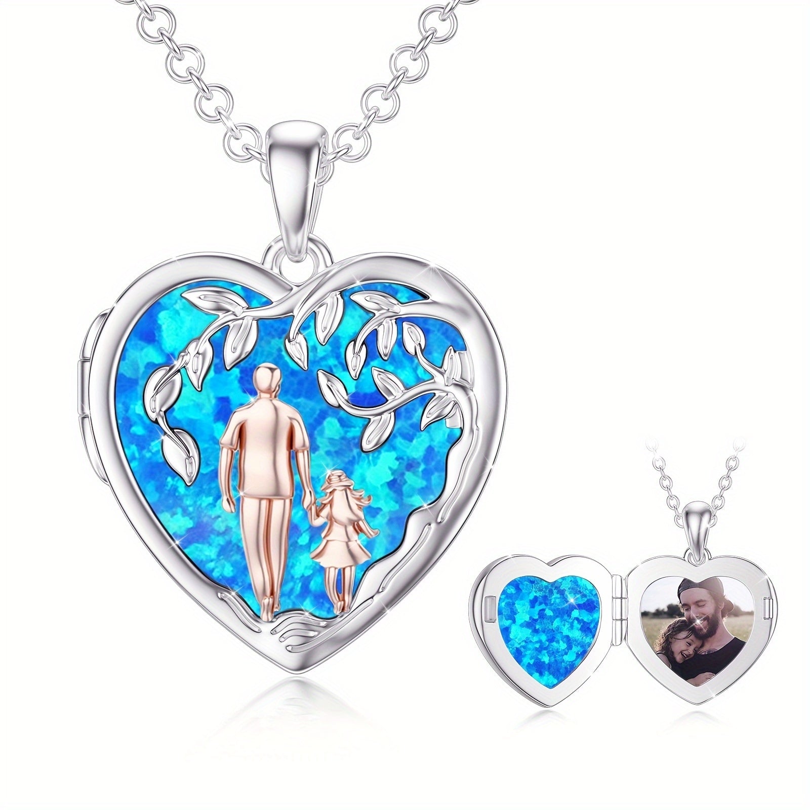 Father Daughter Locket Necklace S925 Sterling Silver Simulated Blue Opal Daughter Gifts From Dad Mom I Love You Forever Daughter Locket Jewelry Gift