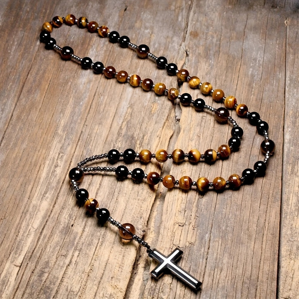 1pc Natural Tiger Eye Round Bead Long Chain Necklace with Hematite Cross Rosary Beads, Men's Jewelry for Spiritual Style
