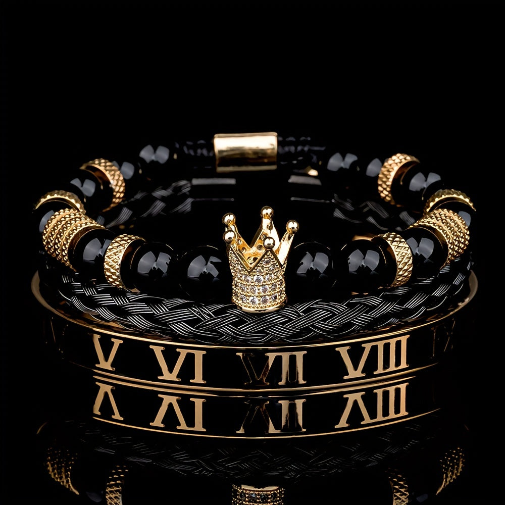 3pcs Roman Royal Crown Charm Men Bracelet, Stainless Steel Tiger's Eye Stone Geometry Open Adjustable Bracelets Couple Jewelry