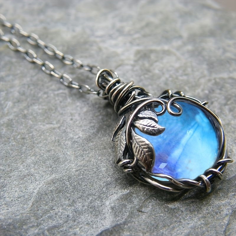 Vintage-Inspired Blue Moonstone Leaf-Shaped Pendant Necklace - Adjustable Leather Rope Chain, Hypoallergenic, Nickel-Free, Ideal Father's Day Gift, Unique Accessory for Men, Birthday Present, Anniversary Gift