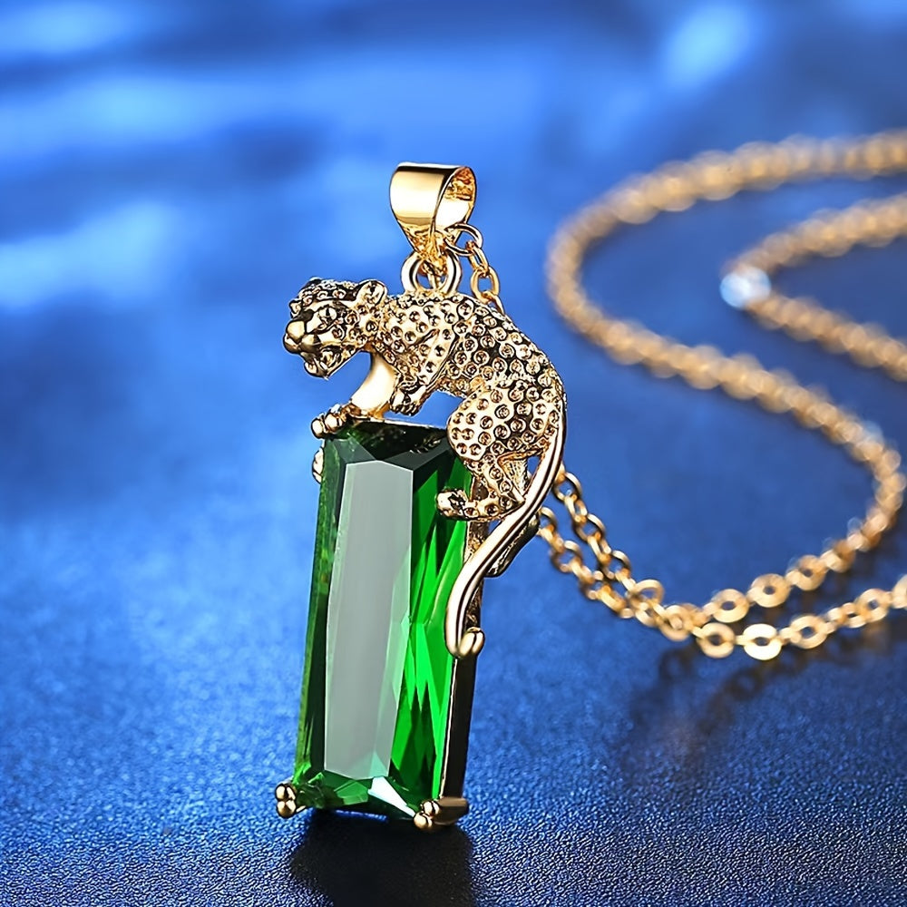 Elegant Leopard Emerald Rectangular Zircon Decor Necklace Earrings Bracelet Set Luxury Jewelry Set For Banquet And Wedding Wearing
