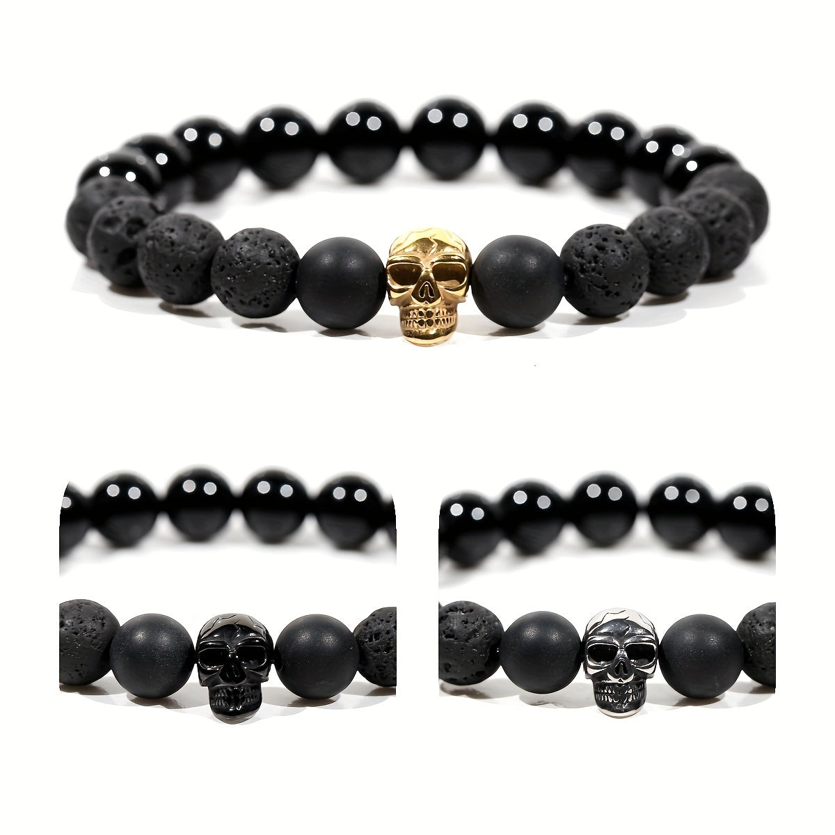 100% Handmade, Natural Black Agate Volcanic Stone Skull Bracelet, Available in Golden/Silver/Black, 10mm Beads, With Gift Box, Your Unisex Jewelry, Punk Style, Perfect Gift for Him/Her, Suitable for Anniversaries/Valentine's