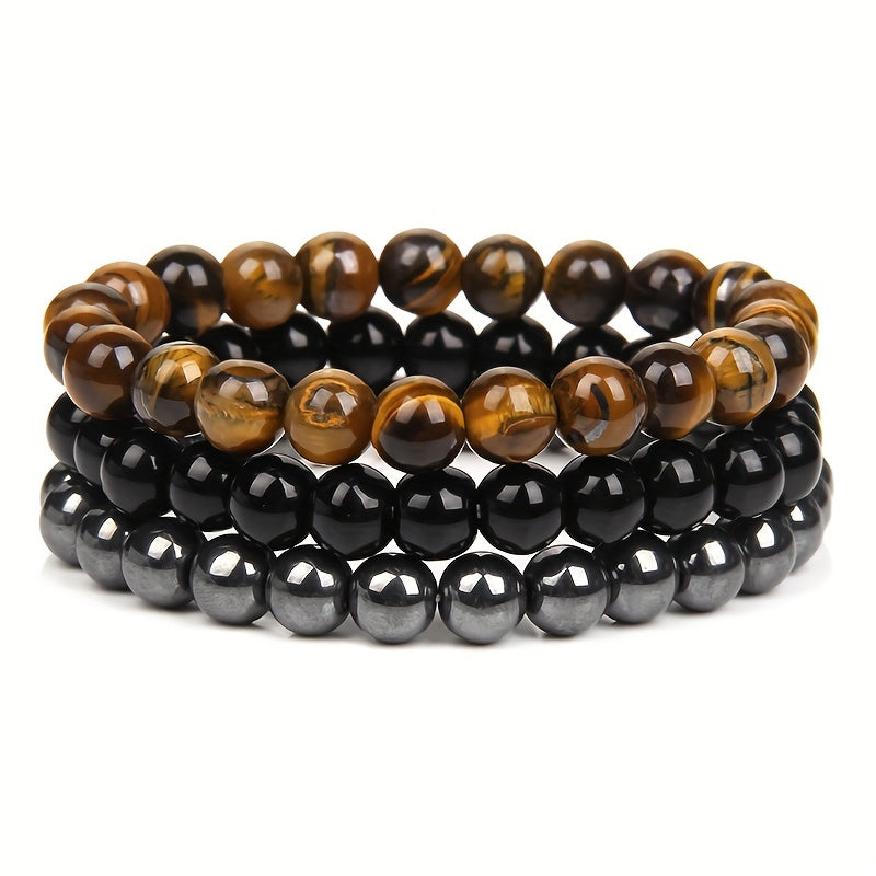 3pcs 8mm Natural Stone Beads Men's & Women's Bracelet: Rose Quartz & Agate Combination