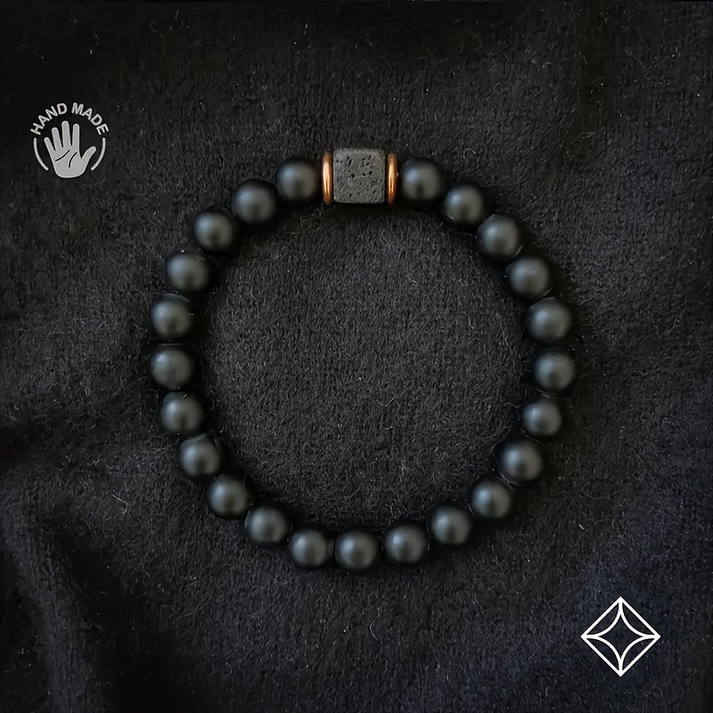 1pc Authentic Mens Volcanic Stone Bracelet - Porous Black Agate, Sleek & Stylish Jewelry For The Modern Gentleman