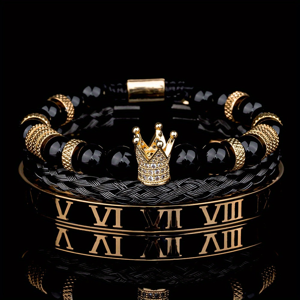 3pcs Roman Royal Crown Charm Men Bracelet, Stainless Steel Tiger's Eye Stone Geometry Open Adjustable Bracelets Couple Jewelry