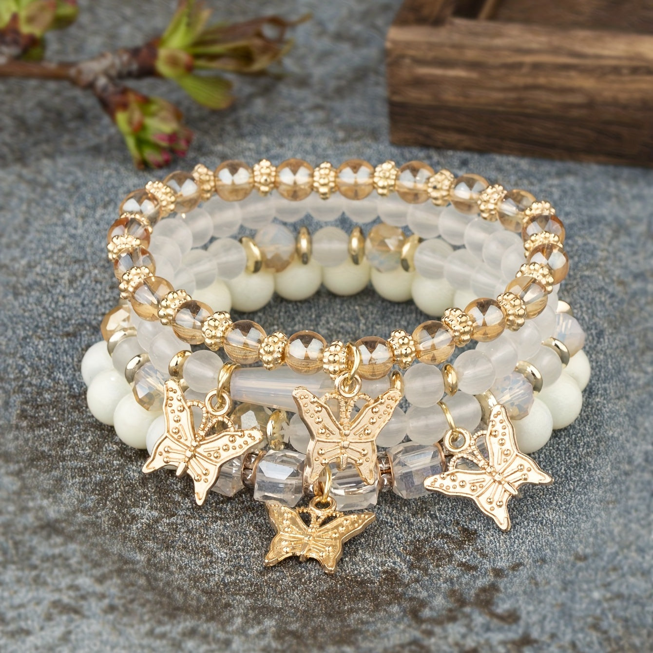 4pcs Bohemian Butterfly Charm Bracelet Set for Women - Pink and Golden Beaded, Multi-Layer Elastic Fashion Jewelry with Charms, Ideal for Vacation & Daily Wear