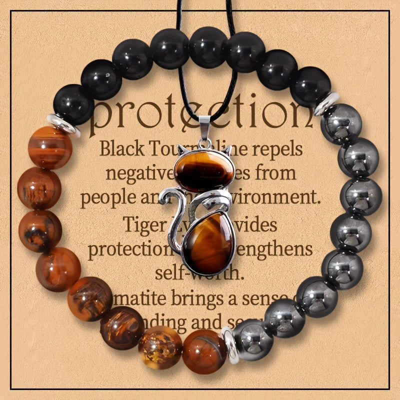 2-Piece Women's Vintage Luxury Jewelry Set - Natural Stone Protection Necklace with Black Tourmaline, Tiger Eye, and Obsidian - Energy Cleansing, Focus Enhancing, Suitable for Daily Wear and Gift-Giving