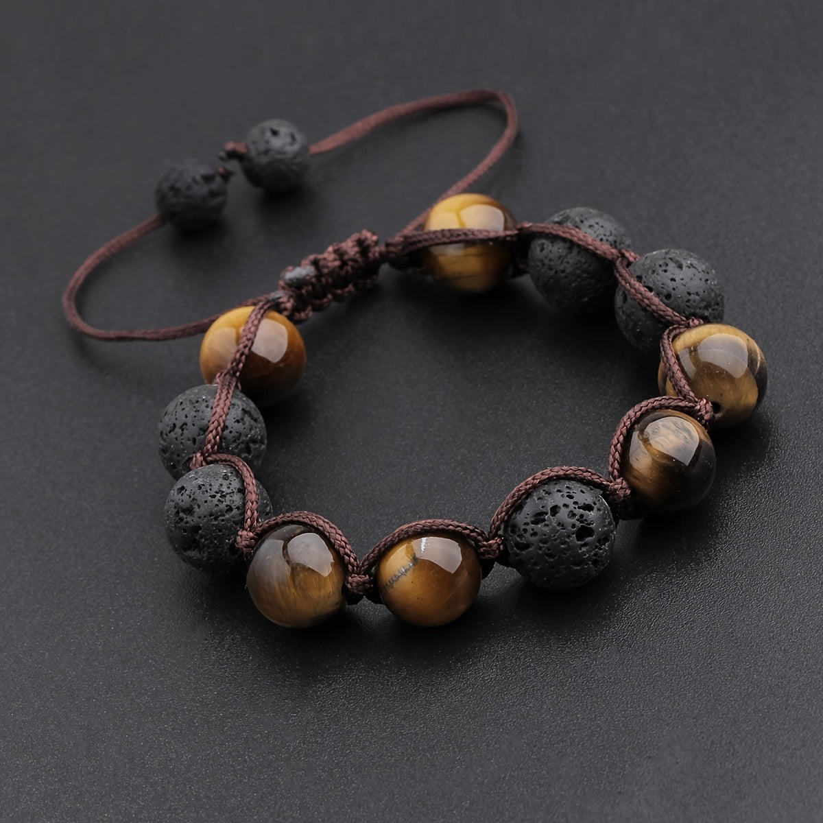 1pc 12MM Tiger Eye Volcanic Stone Adjustable Beaded Bracelet
