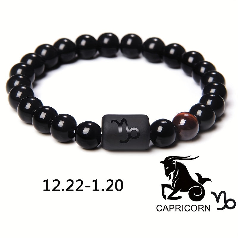 1pc Unisex 12 Constellation Signs Beads Bracelet, Black Stone Elastic Bracelet, Couples Bracelet, Charm Bracelet For Women Men Birthday Gift, Leo, Taurus, Capricorn, Libra Bracelet