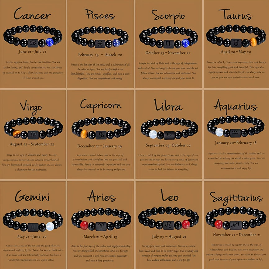 1pc Unisex 12 Constellation Signs Beads Bracelet, Black Stone Elastic Bracelet, Couples Bracelet, Charm Bracelet For Women Men Birthday Gift, Leo, Taurus, Capricorn, Libra Bracelet