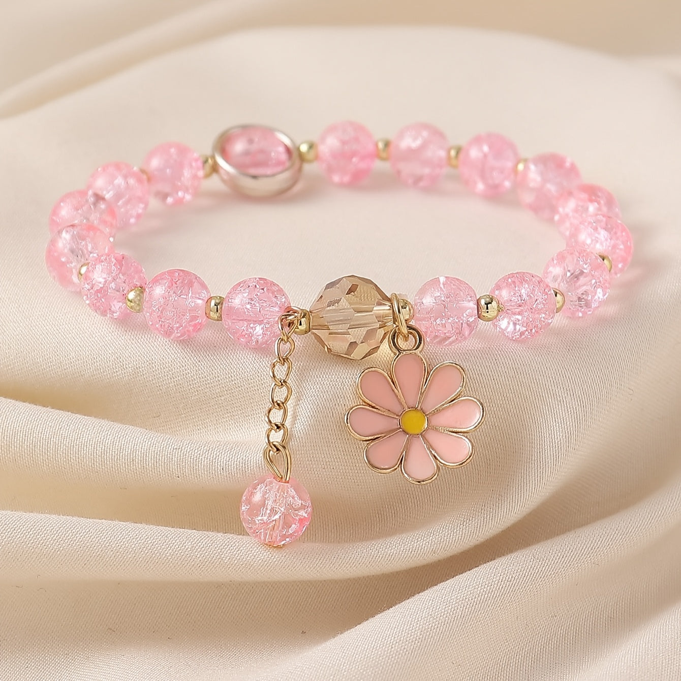 [For Women Elastic Daisy Pendant] Summer Style Cracked Glass Beaded Daisy Pendant Bracelet Elastic Hand String For Women