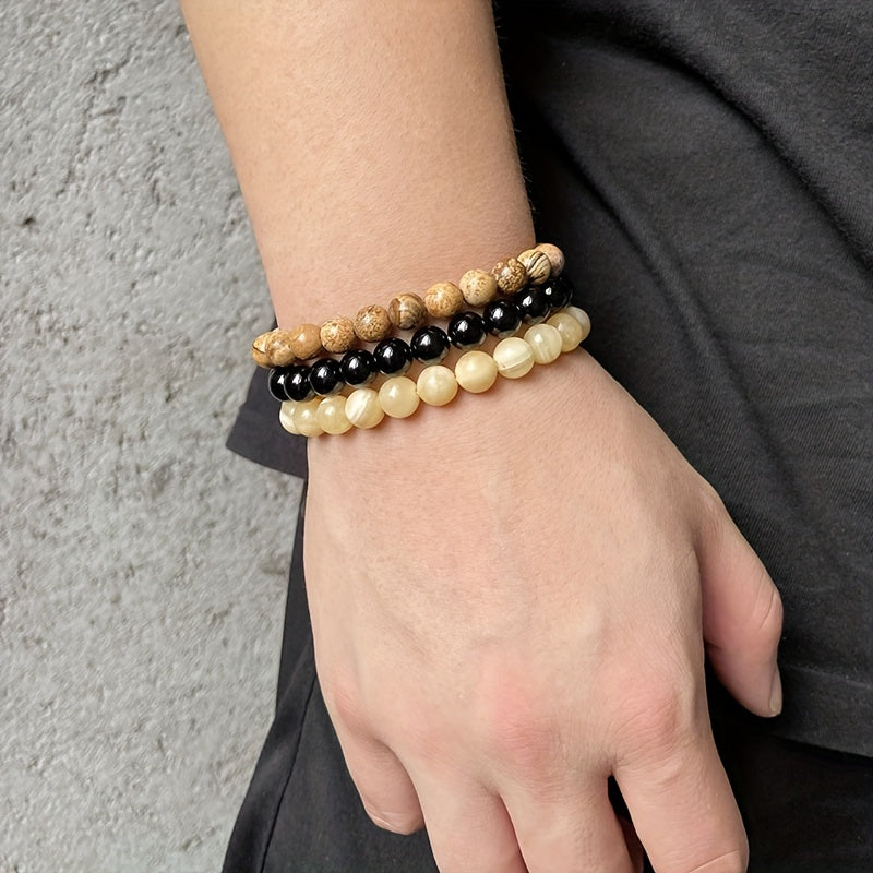 3pcs 8mm Natural Stone Beads Men's & Women's Bracelet: Rose Quartz & Agate Combination