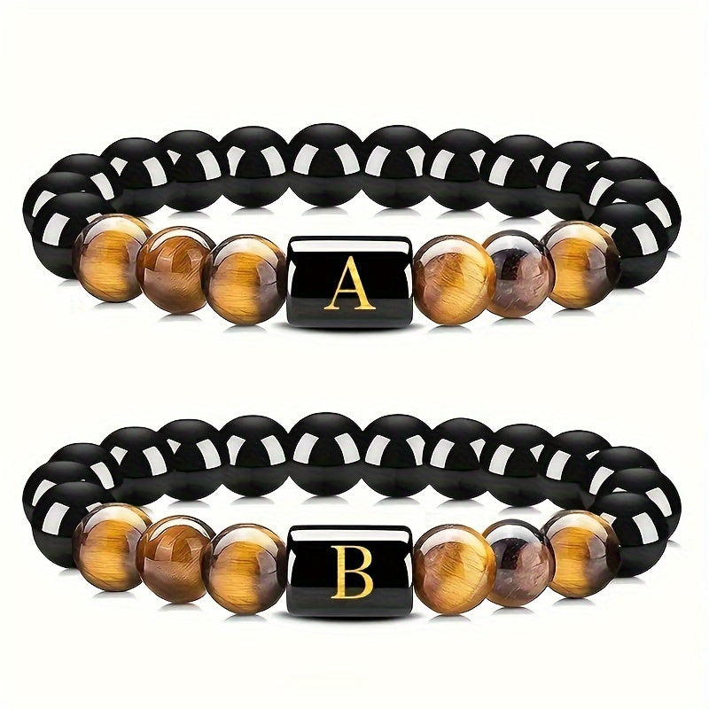 1pc Men's Tiger Eye Stretch Bracelet, Natural Stone Cuff Bracelet for Men & Women, Couple Bracelets, Father's Day Gift