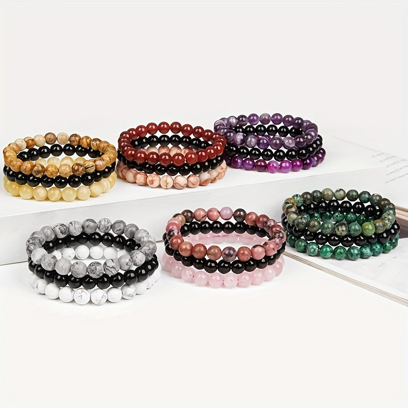 3pcs 8mm Natural Stone Beads Men's & Women's Bracelet: Rose Quartz & Agate Combination
