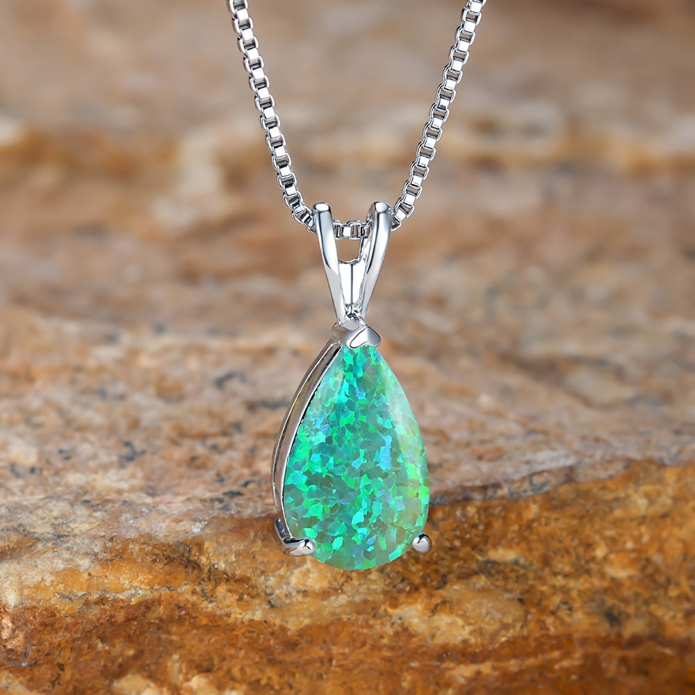 Mystic Blue Green Purple Fire Opal Necklace Water Drop Stone Pendant Clavicle Necklaces For Women Silvery Wedding Banquet Party Light Luxury Elegant Women's Jewelry